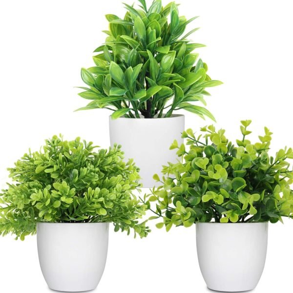 rtificial Potted Plants Mini Fake Plants in Pots, 4 Pack Medium Eucalyptus Potted Faux Decorative Grass Plant with White Plastic Pot for Home Decor, Indoor, Office, Desk, Table Decoration