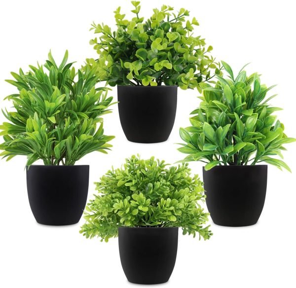 rtificial Potted Plants Mini Fake Plants in Pots, 4 Pack Medium Eucalyptus Potted Faux Decorative Grass Plant with White Plastic Pot for Home Decor, Indoor, Office, Desk, Table Decoration