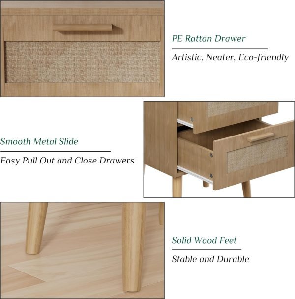 Nightstand with Charging Station,Rattan Night Stand with Solid Wood Legs, Bedside Table with USB Ports & Outlets Bed Side Table,End Table for Bedroom,Living Room(Nature Wood Color)