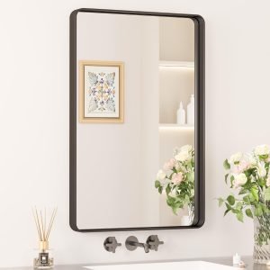 Black Metal Framed Bathroom Mirrors for Wall, 20 x 30 Inch Rounded Rectangle Bathroom Vanity Mirror, Matte Black Farmhouse Mirror with Seamless Frame, HD Tempered Glass(Horizontal/Vertical)