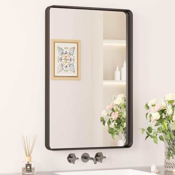 Black Metal Framed Bathroom Mirrors for Wall, 20 x 30 Inch Rounded Rectangle Bathroom Vanity Mirror, Matte Black Farmhouse Mirror with Seamless Frame, HD Tempered Glass(Horizontal/Vertical)