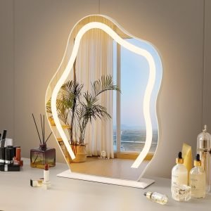 Vanity Mirror with Lights 17.7" X 21.6" Irregular Cute Cloud Lighted Makeup Mirror with Dimmable 3 Light Modes Esthetics Hollywood Mirror for Tabletop Wall-Mounted Bedroom Beauty Salon