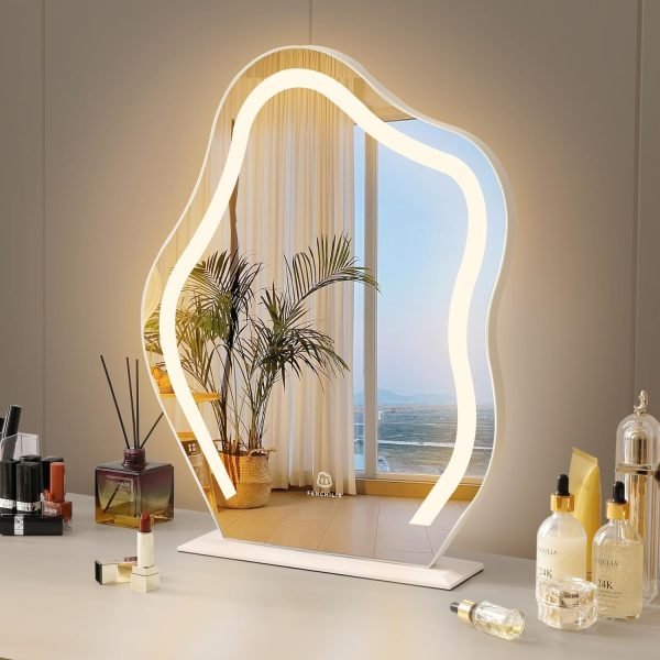 Vanity Mirror with Lights 17.7" X 21.6" Irregular Cute Cloud Lighted Makeup Mirror with Dimmable 3 Light Modes Esthetics Hollywood Mirror for Tabletop Wall-Mounted Bedroom Beauty Salon
