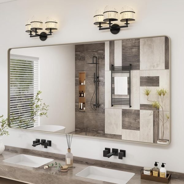 71zhQ7nBYAL._AC_SL1500 20x30 Silver Bathroom Mirror, Silver Wall Mirror for Vanity, Brushed Metal Framed Rectangle Mirror, Anti-Rust, Brushed Nickel,Shatterproof, Round Corners(Horizontally/Vertically)