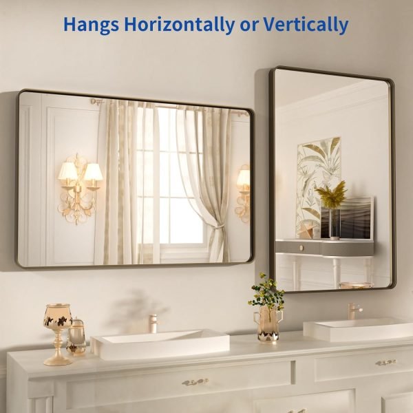 71zhufk_7oL._AC_SL1500 22x30 Inch Bronze Bathroom Mirror for Vanity, Brushed Bronze Metal Frame Mirror for Wall, Rounded Rectangle Bronze Frame Mirror with Tempered Glass, Anti-Rust (Horizontal/Vertical)