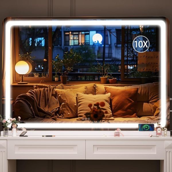 Vanity Mirror with Lights, 10"×12" LED Makeup Mirror, Lighted Makeup Mirror with Lights, Smart Touch Control Dimmable 3 Modes Light 360°Rotation White