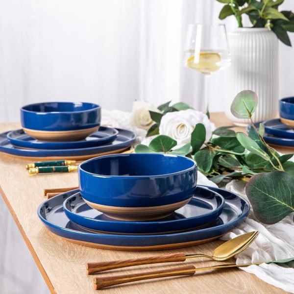 Stoneware Dinnerware Sets for 4, 12 Pieces Handpainted Plates and Bowls Set with Wavy Rim, Chip and Scratch Resistant Dishes set, Dishwasher & Microwave Safe, Royal Blue