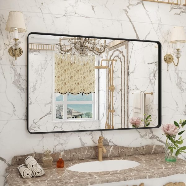 81-XzM26_rL._AC_SL1500 20x30 Silver Bathroom Mirror, Silver Wall Mirror for Vanity, Brushed Metal Framed Rectangle Mirror, Anti-Rust, Brushed Nickel,Shatterproof, Round Corners(Horizontally/Vertically)