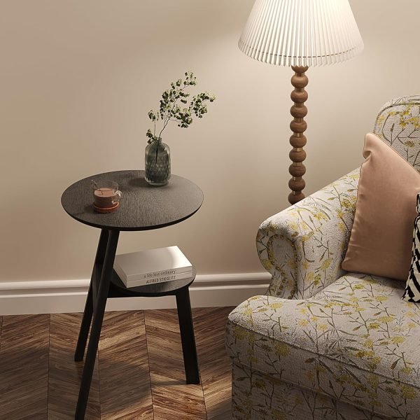 Round End Side Table, Accent Table with 2 Tier Shelves, Nightstand Bedside Table for Living Room Bedroom and Small Space, Black