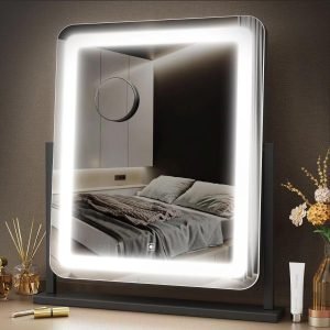 Makeup Vanity Mirror with Lights 15.2" Large LED Lighted Mirror, Hollywood Make Up Mirror with Lighting for Bedroom Tabletop, Smart Touch, Detachable 10X Magnification 360° Rotation, (White)