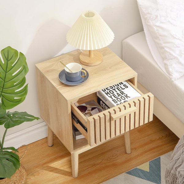 811FHaZtqqL._AC_SL1500 Boho Nightstand, Small Side Table Night Stand with Drawer Open Shelf, Bedside End Table with Wood Strip Decorated Drawer for Bedroom, Living Room, Dorm and Small Spaces (Natural)