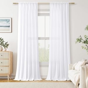 Pure White Linen Curtains 90 Inch Length for Living Room Bedroom 2 Panels Set Rod Pocket Light Filtering Semi Sheer Window Curtains 52 Inch Width Boho Farmhouse Linen Drapes, W52xL90