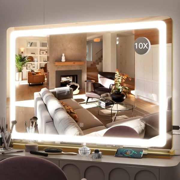 813aeYPYkHL._AC_SL1500 Vanity Mirror with Lights - 15"x12.6" LED Lighted Makeup Mirror, Large Makeup Mirror with Lights, Touch Screen with 3-Color Lighting, Dimmable, for Vanity Desk Tabletop, Bedroom