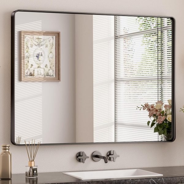 Black Metal Framed Bathroom Mirrors for Wall, 20 x 30 Inch Rounded Rectangle Bathroom Vanity Mirror, Matte Black Farmhouse Mirror with Seamless Frame, HD Tempered Glass(Horizontal/Vertical)