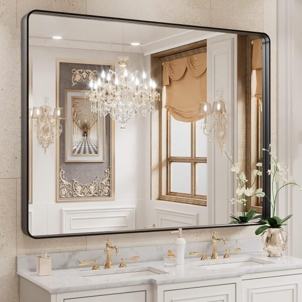 814ToW8R3_L._AC_SL1500 22x30 Inch Bronze Bathroom Mirror for Vanity, Brushed Bronze Metal Frame Mirror for Wall, Rounded Rectangle Bronze Frame Mirror with Tempered Glass, Anti-Rust (Horizontal/Vertical)