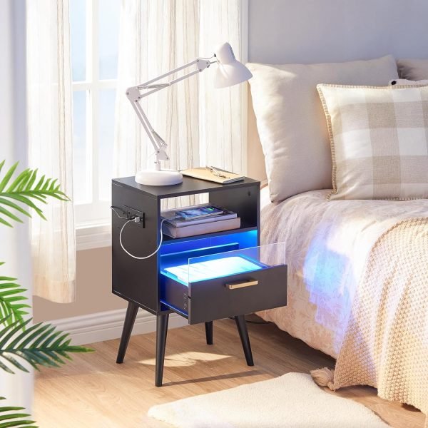 814bpo0BptL._AC_SL1500 Nightstand with Charging Station and LED Lights, Night Stands with Drawer, End Bedside Table with USB Ports & Outlets, Side Table for Bedroom, LED Nightstands, for Bedroom, Black BB01UDBZ01