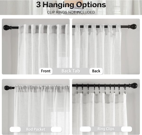 815VoepwvvL._AC_SL1500 White Linen Sheer Curtains 96 Inch Length for Extra Wide Windows 84 Inch Width 2 Panel Back Tab Pocket Light Filter Semi Sheer Long Skinny Curtains for Living Room Rustic Farmhouse 8 FT Wide 84 x 96