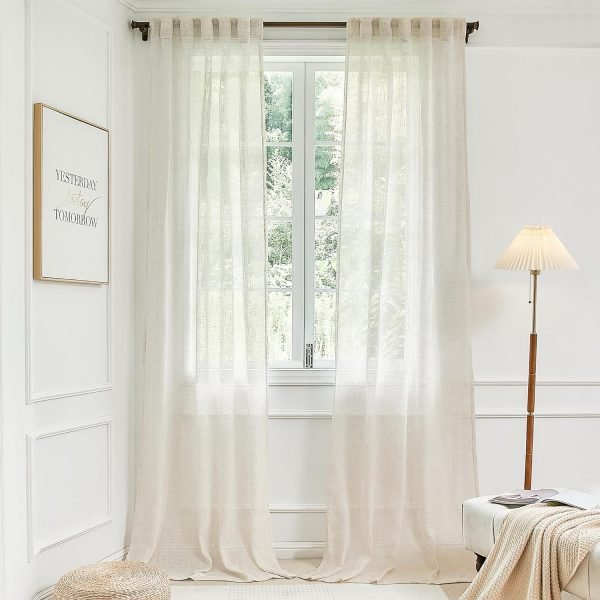 815ZKWaT_bL._AC_SL1500 White Linen Sheer Curtains 96 Inch Length for Extra Wide Windows 84 Inch Width 2 Panel Back Tab Pocket Light Filter Semi Sheer Long Skinny Curtains for Living Room Rustic Farmhouse 8 FT Wide 84 x 96