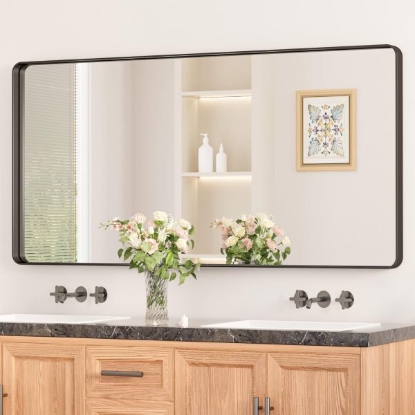 Black Metal Framed Bathroom Mirrors for Wall, 20 x 30 Inch Rounded Rectangle Bathroom Vanity Mirror, Matte Black Farmhouse Mirror with Seamless Frame, HD Tempered Glass(Horizontal/Vertical)