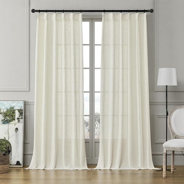 816KKz9m4OL._AC_SL1500 Pleated Linen Curtains 96 Inches Long for Living Room 2 Panel Set, Semi Sheer Pinch Pleat Back Tab Drapes with Hooks Neutral Boho Light Filtering Curtain for Bedroom Window 8 Ft W38xL96