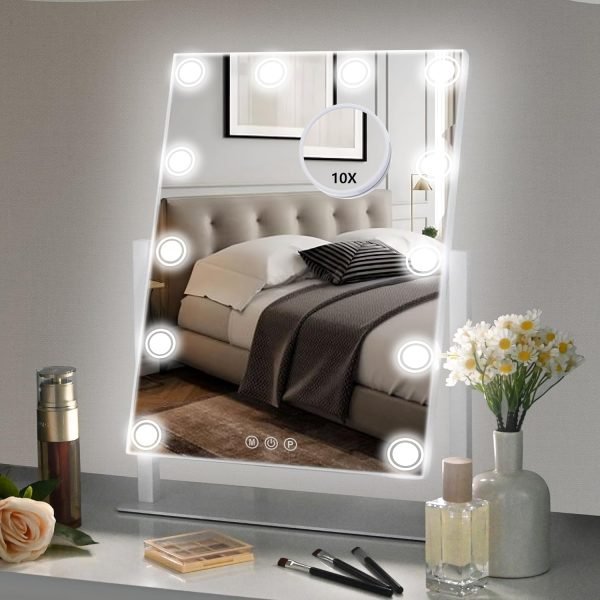 Lighted Makeup Mirror, 14"x 12" Hollywood Vanity Mirror with 9 LED Bulbs, 3 Color Lights, and Detachable 10X Magnification Mirror, 1200mAh Rechargeable, Touch Control, 360°Rotation (White)