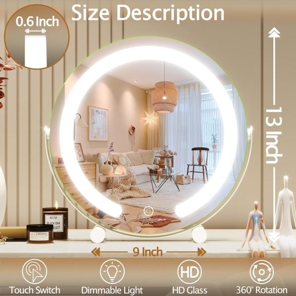 13 Inch Vanity Mirror with Lights, LED Makeup Mirror for Bedroom Makeup, Light up Mirror Smart Touch Control 3 Colors Dimmable, 360 Rotation (White)