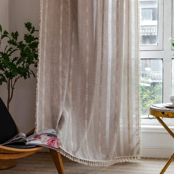 Boho Curtains Semi-Blackout Window Curtains 84 Inch 2 Pannels for Living Room, Linen Tassels Farmhouse Curtains with Embroidery for Bedroom Rod Pocket Draperies 52" W x 84" L,Off White