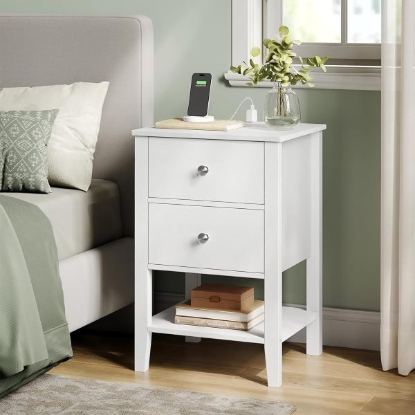 Bamboo Nightstand with Charging Station, Bedside Table with 2 Drawers, Side End Table with Open Shelf, 2 USB-A Ports, 2 AC Outlets, Minimalist, for Bedroom, Cloud White ULET623W01