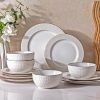 Ceramic Dinnerware Sets, Embossed White Stoneware Plates and Bowls Sets, Housewarming Wedding Gift | Dishwasher & Microwave Safe | Dishes Set Service for 4
