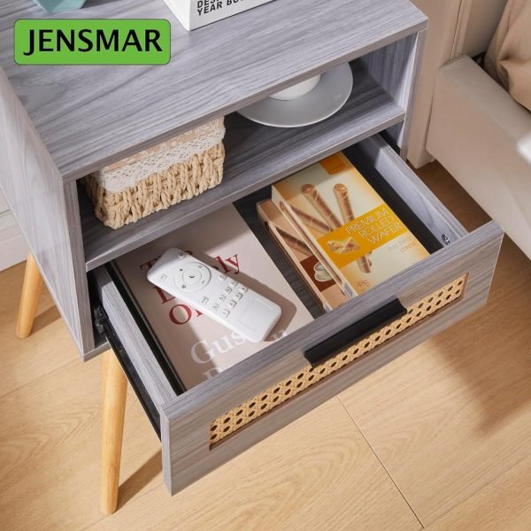 81AliJrvjnL._AC_SL1500 Bedside Table with LED Light, Nightstand with Drawer 24" Tall Night Stand with Storage Wicker Boho End Table Night Stand with Rattan Drawer Sofa Table with Open Wide and Deep Shelf Solid Wood Feet