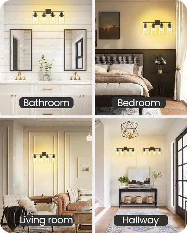 81B8orambAL._AC_SL1500 4-Light Black Bathroom Light Fixture, Vanity Light Over Mirror with Clear Glass Shade, Modern Sconce Wall Lighting with Metal Base, for Mirror Bedroom Powder Room Hallway, Black B04BD05