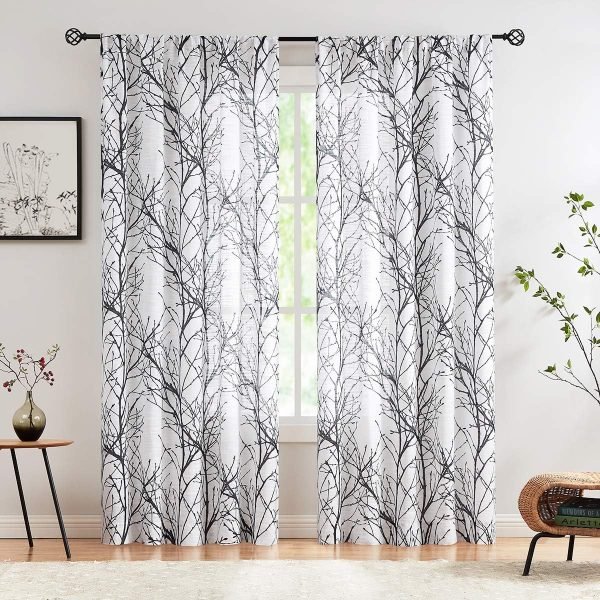 Tree Print Yellow Grey and White Curtains for Living Room Windows - Linen Textured Grommet Branches Pattern Window Treatment Set for Bedroom - 50" W x 96" L - (2 Panels)