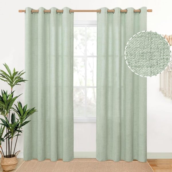 Natural Linen Curtains 63 Inch Length 2 Panels Bronze Grommet Linen Textured Short Window Drapes Light Filtering for Living Room Bedroom, 52 X 63 Inch