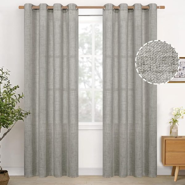 Natural Linen Curtains 63 Inch Length 2 Panels Bronze Grommet Linen Textured Short Window Drapes Light Filtering for Living Room Bedroom, 52 X 63 Inch