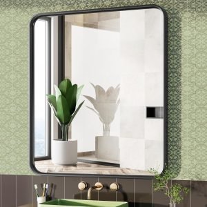 Black Vanity Bathroom Mirror for Wall, Metal Framed Rounded Rectangular Modern Mirrors for Over Sink, 24x36 Inch for Farmhouse, Tempered Glass, Hangs Horizontally or Vertically