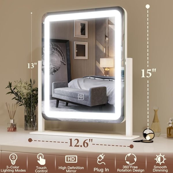 81Fpa8cby-L._AC_SL1500 Vanity Mirror with Lights - 15"x12.6" LED Lighted Makeup Mirror, Large Makeup Mirror with Lights, Touch Screen with 3-Color Lighting, Dimmable, for Vanity Desk Tabletop, Bedroom