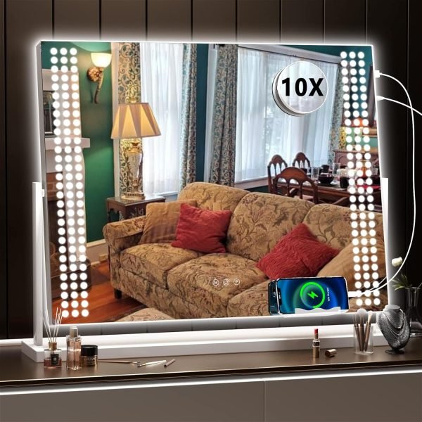 Vanity Mirror with Lights, 10"×12" LED Makeup Mirror, Lighted Makeup Mirror with Lights, Smart Touch Control Dimmable 3 Modes Light 360°Rotation White