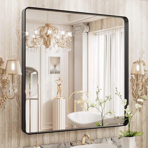 81H0wfqE0AL._AC_SL1500 22x30 Inch Bronze Bathroom Mirror for Vanity, Brushed Bronze Metal Frame Mirror for Wall, Rounded Rectangle Bronze Frame Mirror with Tempered Glass, Anti-Rust (Horizontal/Vertical)