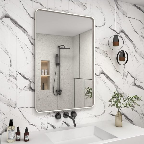 81HBt5KLUHL._AC_SL1500 20x30 Silver Bathroom Mirror, Silver Wall Mirror for Vanity, Brushed Metal Framed Rectangle Mirror, Anti-Rust, Brushed Nickel,Shatterproof, Round Corners(Horizontally/Vertically)