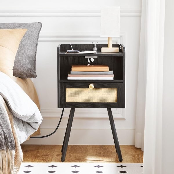 Nightstand with Charging Station, Side Table with Rattan-Like Decor Drawer, Rattan End Table with Open Storage, Bedside Table for Bedroom, Study Room, Black BB92UBZ01