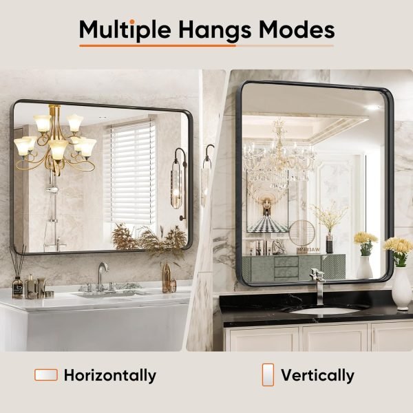 81IP8Unu0TL._AC_SL1500 Black Vanity Bathroom Mirror for Wall, Metal Framed Rounded Rectangular Modern Mirrors for Over Sink, 24x36 Inch for Farmhouse, Tempered Glass, Hangs Horizontally or Vertically