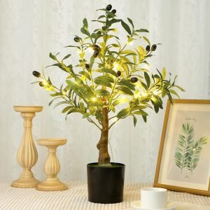 24 Inch Artificial Olive Tree Tall Faux Silk Olive Trees with LED String Lights Fake Potted Artificial Plants Indoor Outdoor for Home Office Table Decor