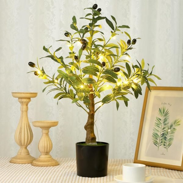 81J8ydQ8qWL._AC_SL1500 24 Inch Artificial Olive Tree Tall Faux Silk Olive Trees with LED String Lights Fake Potted Artificial Plants Indoor Outdoor for Home Office Table Decor