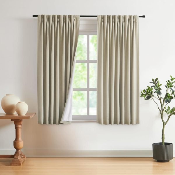 Natural Full Blackout Curtains Linen Blended Darkening Window Curtains 84 inch for Living Room Bedroom Thermal Insulated Pinch Pleat Drapes with Hooks 2 Panel 40"Wx84"L