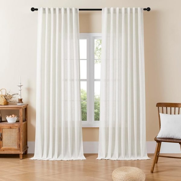 Linen Curtains for Living Room,Semi-Sheer Curtains 90 Inches Long,Living Room Curtains 2 Panel Sets,Cream Curtains Pinch Pleated Curtains & Drapes(W52 x L90 Inch, Linen)