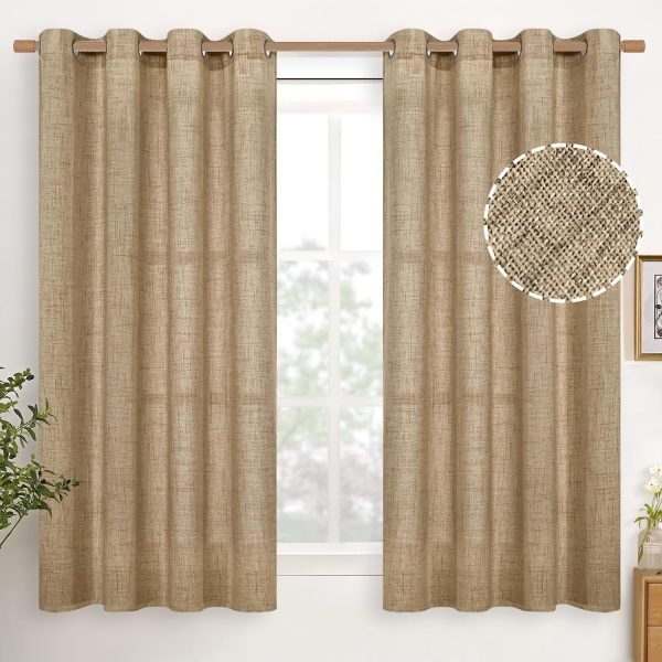 Natural Linen Curtains 63 Inch Length 2 Panels Bronze Grommet Linen Textured Short Window Drapes Light Filtering for Living Room Bedroom, 52 X 63 Inch