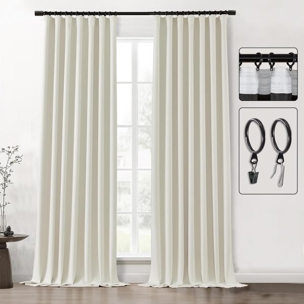 Blackout Curtains 96 Inches Long 2 Panel Set for Living Room,Black Out Room Darkening Thermal Pleated Back Tab Hooks Rings Pleat 8 FT Track Ceiling to Floor Length Curtains for Bedroom Window,Cream