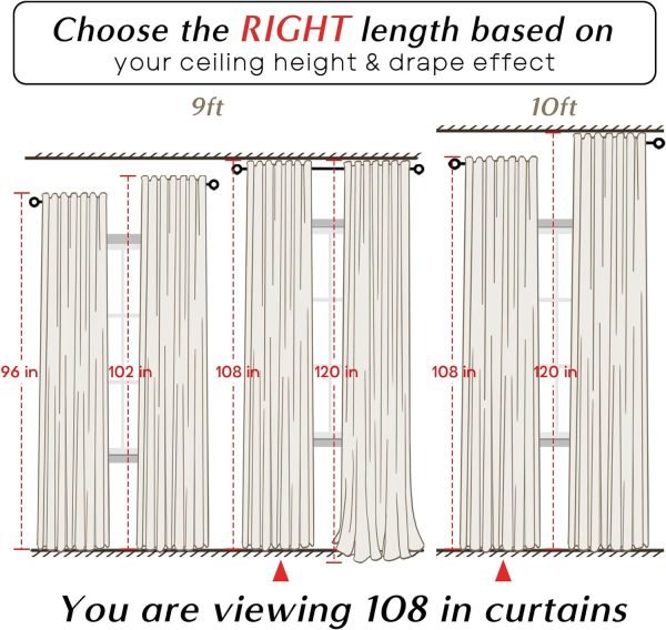 108 Inch Long Blackout Curtains & Drapes for Track System Pleated with Hooks Rings 2 Panels Set,Linen Black Out Back Tab 9FT Ceiling to Floor Length Curtains for Living Room,Cream Ivory