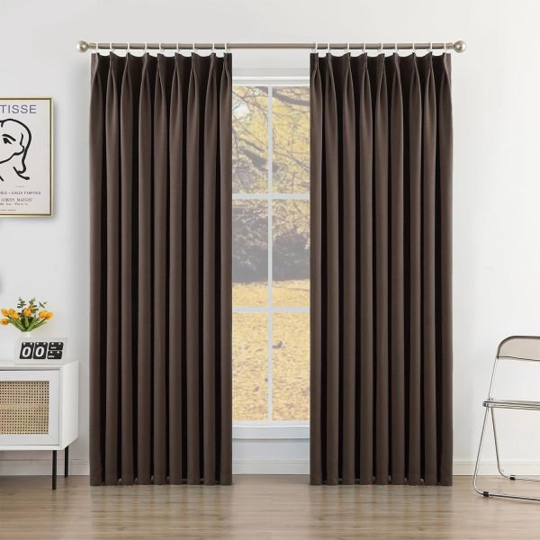 Pure White Pinch Pleat Curtain 52" W x 63" L Solid Thermal Insulated 50% Blackout Patio Door Curtain Panel Drape for Traverse Rod and Track with Tieback, (One Panel)