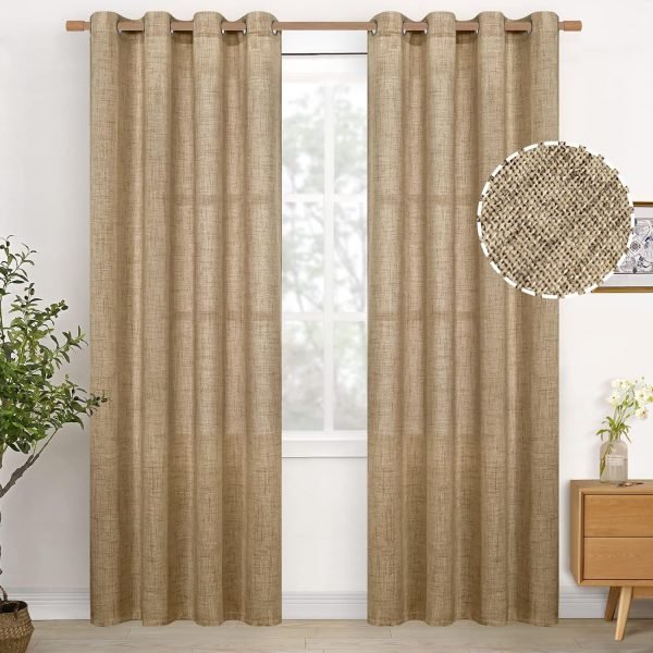 Natural Linen Curtains 63 Inch Length 2 Panels Bronze Grommet Linen Textured Short Window Drapes Light Filtering for Living Room Bedroom, 52 X 63 Inch